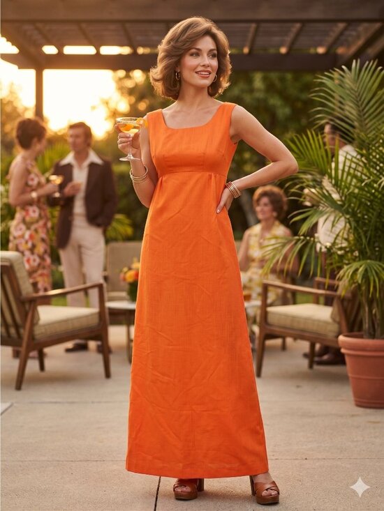 Vintage Dresses & Skirts - Vintage 70s Orange Maxi Dress Pumpkin Boho Hippie Empire Waist Small Sleeveless